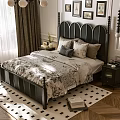 Classic Double Bed With Decorative Headboard Patterned Bedding Nightstand And Checkered Rug 3d model