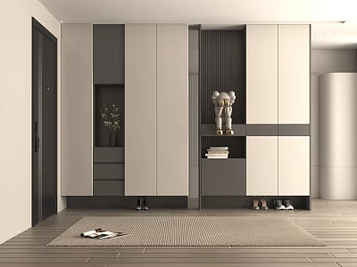 Modern Minimalist Entryway Storage Cabinet With Shoe Compartment Decorative Figurine Wooden Floor And Rug 3d model