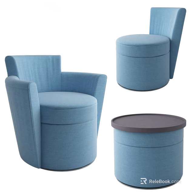 Cozy Blue Upholstered Modern Round Single Sofa with Curved Back and Side Stool 3d model 