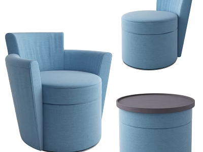 Cozy Blue Upholstered Modern Round Single Sofa with Curved Back and Side Stool 3d model
