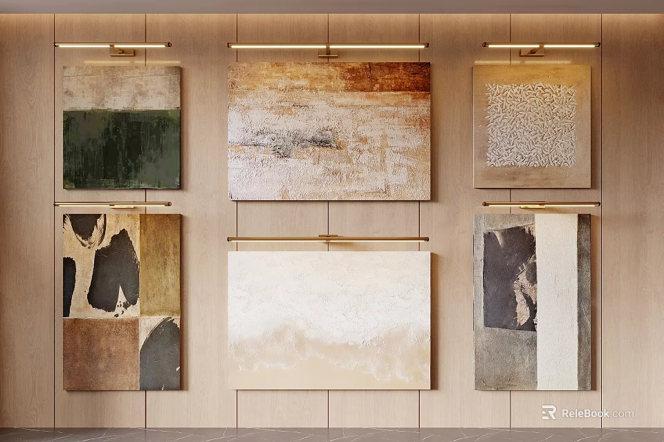 Modern Abstract Paintings Hanging On Wooden Wall With Textured Surfaces And Warm Lighting 3d model 
