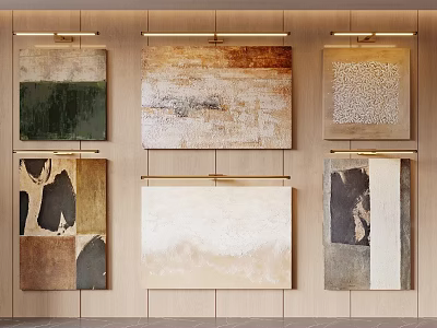 Modern Abstract Paintings Hanging On Wooden Wall With Textured Surfaces And Warm Lighting 3d model