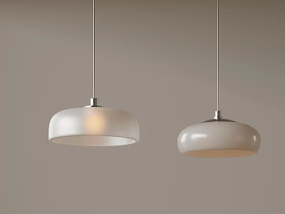 Two White Dome Shaped Pendant Lights Hanging With Metal Fixtures On Gray Background 3d model
