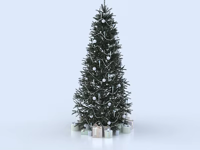 Festive Christmas Tree With White Spherical Ornaments Silver Ribbons And Gift Boxes Underneath 3d model