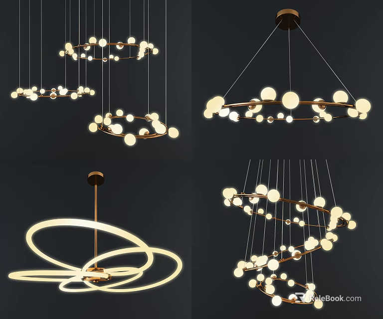 Modern Chandeliers With Circular Spiral Designs And Spherical Bulb Fixtures 3d model 