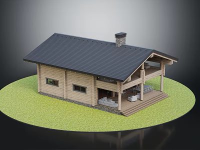 Modern Log Cabin with Black Roof Chimney Porch Tables Chairs and Green Lawn 3d model