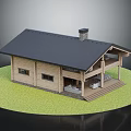 Modern Log Cabin with Black Roof Chimney Porch Tables Chairs and Green Lawn