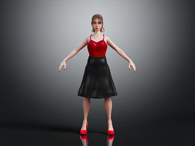 A Woman Wearing Red Tank Top Black Skirt And Red High Heels Against Gray Background 3d model