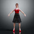 A Woman Wearing Red Tank Top Black Skirt And Red High Heels Against Gray Background
