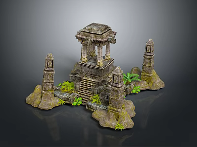Ancient Stone Temple Landscape With Tower Structures Steps And Green Plants 3d model