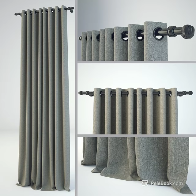 Gray Modern Curtain Fabric With Curtain Rod And Rings For Home Interior 3d model 