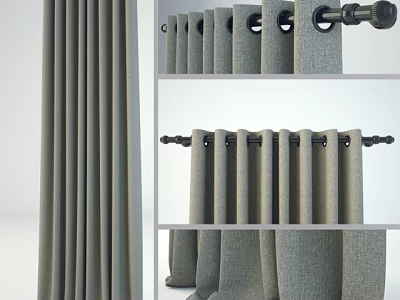 Gray Modern Curtain Fabric With Curtain Rod And Rings For Home Interior 3d model