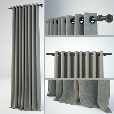 Gray Modern Curtain Fabric With Curtain Rod And Rings For Home Interior 3d model