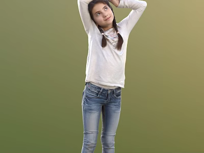Woman wearing white long-sleeve top and blue jeans with hands raised against green background 3d model
