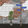 Garden Landscape With Brick Wall Grid Pattern Street Sign Arrows And Potted Plant
