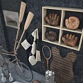 Vintage Sports Equipment Display With Bicycle Paddles Tennis Racket Baseball Gloves And Balls