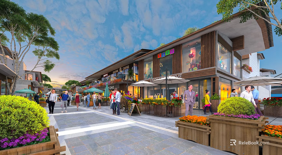 Lively Commercial Street Featuring Pedestrians Shops Colorful Signs Flower Boxes And Green Plants 3d model 