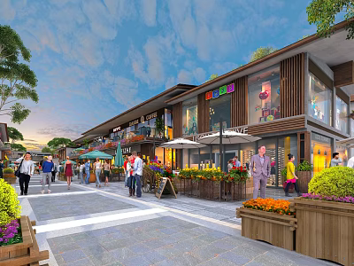Lively Commercial Street Featuring Pedestrians Shops Colorful Signs Flower Boxes And Green Plants 3d model