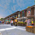 Lively Commercial Street Featuring Pedestrians Shops Colorful Signs Flower Boxes And Green Plants