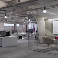 Modern Public Office Space Interior Design With Open Layout Glass Partitions Pendant Lights And Whiteboard