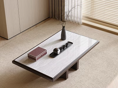 Modern Coffee Table With White Marble Top Black Legs Red Box And Vase With Twigs 3d model