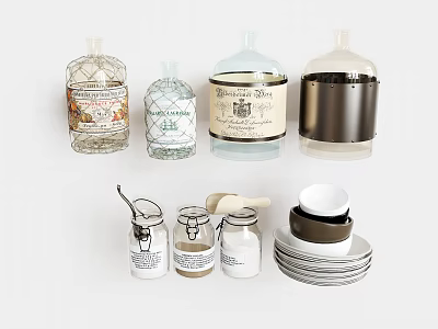 Decorative Ornament Set With Glass Jars Labeled Containers And Ceramic Bowls Plates 3d model