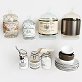 Decorative Ornament Set With Glass Jars Labeled Containers And Ceramic Bowls Plates