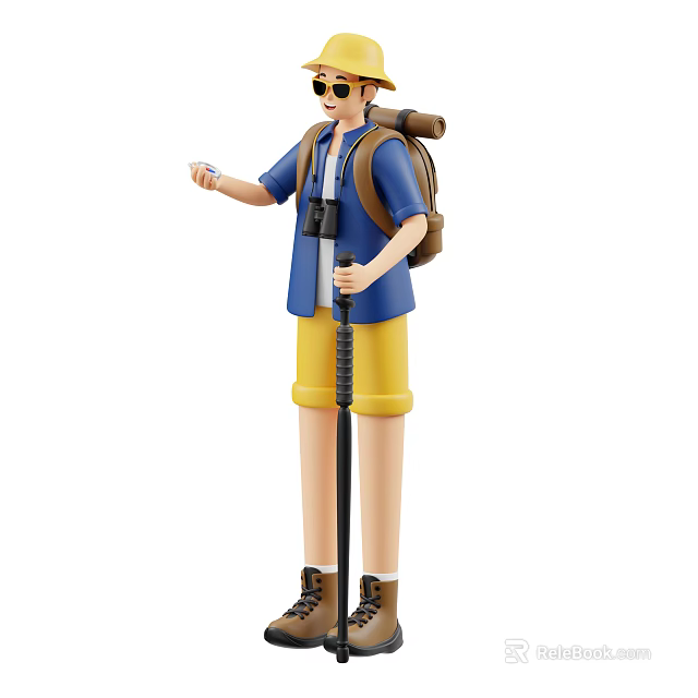 Man in Blue Shirt and Yellow Shorts Wearing Sunglasses with Backpack Hiking Pole and Map 3d model 