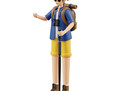 Man in Blue Shirt and Yellow Shorts Wearing Sunglasses with Backpack Hiking Pole and Map 3d model