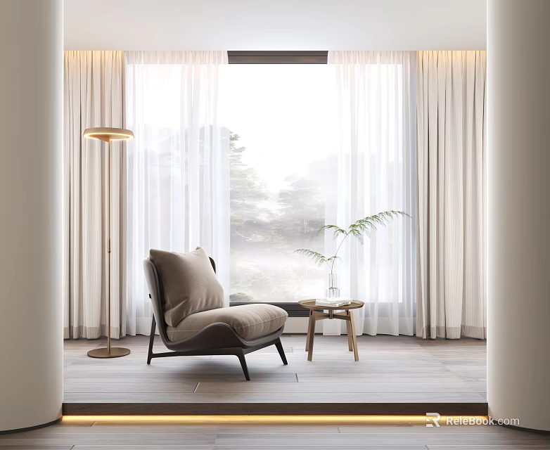 White Minimalist Curtains in Bright Living Room with Large Window Beige Chair and Floor Lamp 3d model 