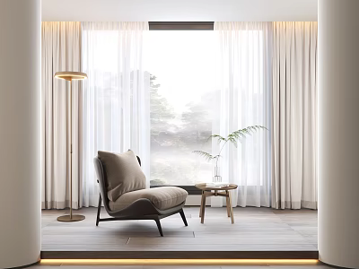 White Minimalist Curtains in Bright Living Room with Large Window Beige Chair and Floor Lamp 3d model