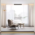 White Minimalist Curtains in Bright Living Room with Large Window Beige Chair and Floor Lamp