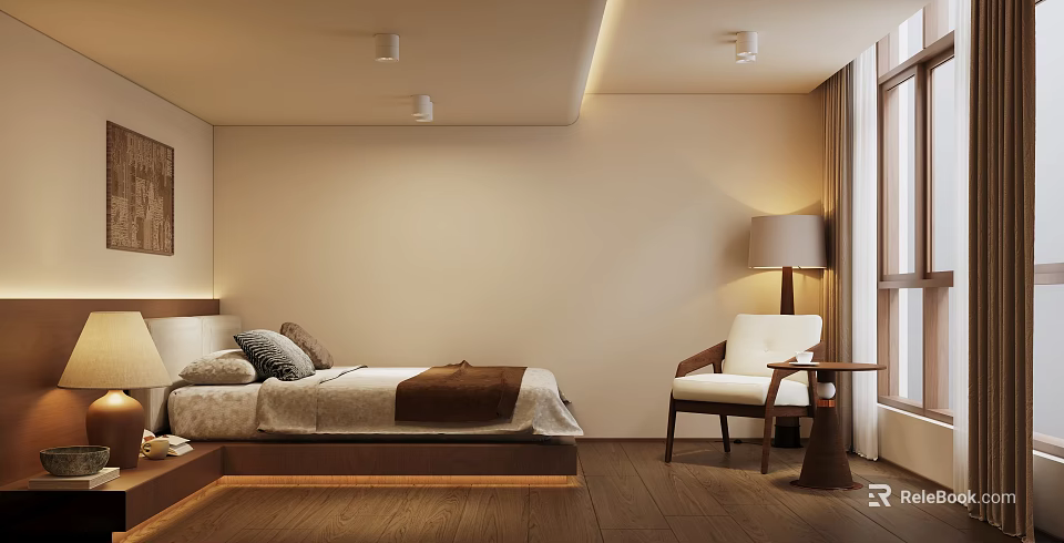 Tatami Bedroom Interior Design With Wooden Flooring Cozy Bed Curtains And Table Lamp 3d model 