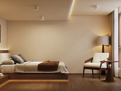 Tatami Bedroom Interior Design With Wooden Flooring Cozy Bed Curtains And Table Lamp 3d model