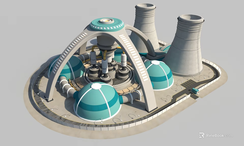 Cartoon Scene With Turquoise Domes Gray Cooling Towers Arched Structures And Pipes On Circular Base 3d model 