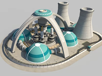 Cartoon Scene With Turquoise Domes Gray Cooling Towers Arched Structures And Pipes On Circular Base 3d model