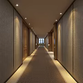 Modern Hotel Corridor Design With Soft Lighting Fabric Walls Carpeting And Wooden Doors