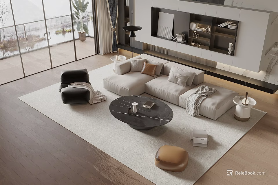 Modern L Shaped Sofa and Round Black Coffee Table Set with Accent Chair and Area Rug 3d model 