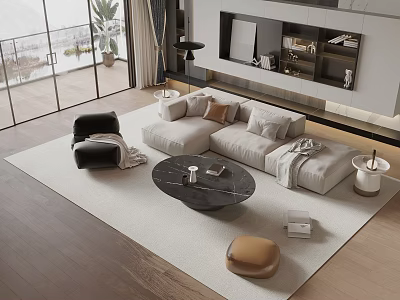Modern L Shaped Sofa and Round Black Coffee Table Set with Accent Chair and Area Rug 3d model