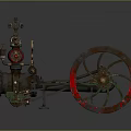 Vintage Steam Engine Equipment With Large Red Wheel And Metal Pipes