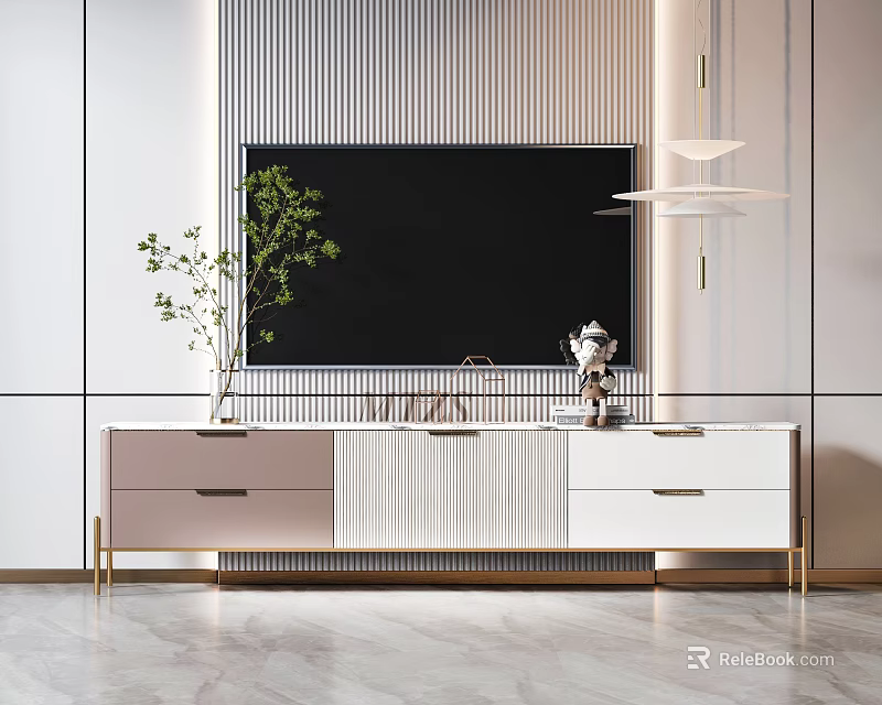 Modern TV Stand With White Pink Drawers Golden Legs Green Plant Decorative Items Striped Wall 3d model 