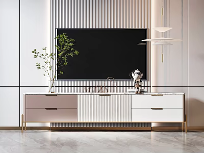 Modern TV Stand With White Pink Drawers Golden Legs Green Plant Decorative Items Striped Wall 3d model