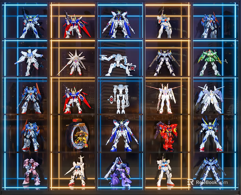 Colorful Action Figures On Glass Display Shelves With Blue Lighting And Various Designs 3d model 