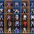 Colorful Action Figures On Glass Display Shelves With Blue Lighting And Various Designs