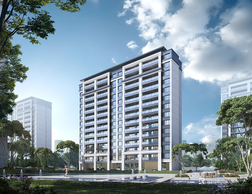 Modern High Rise Residential Building With Green Trees Lawn And Blue Sky White Clouds 3d model 