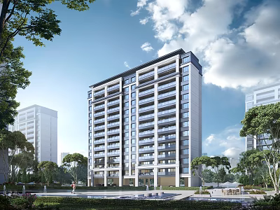 Modern High Rise Residential Building With Green Trees Lawn And Blue Sky White Clouds 3d model