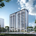 Modern High Rise Residential Building With Green Trees Lawn And Blue Sky White Clouds