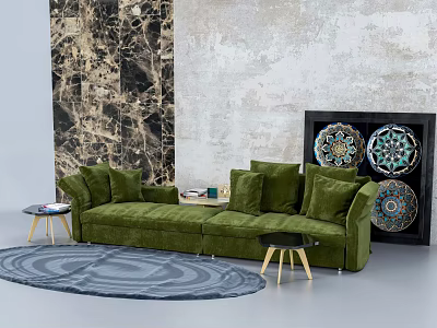 Green Velvet Sectional Sofa with Marble Textured Wall Colorful Decorative Plates and Round Area Rug 3d model