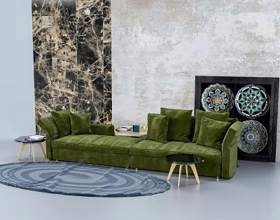 Green Velvet Sectional Sofa with Marble Textured Wall Colorful Decorative Plates and Round Area Rug 3d model