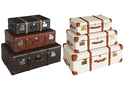 Vintage Leather Suitcases Stacked In Black Brown And White With Brass Corner Details 3d model